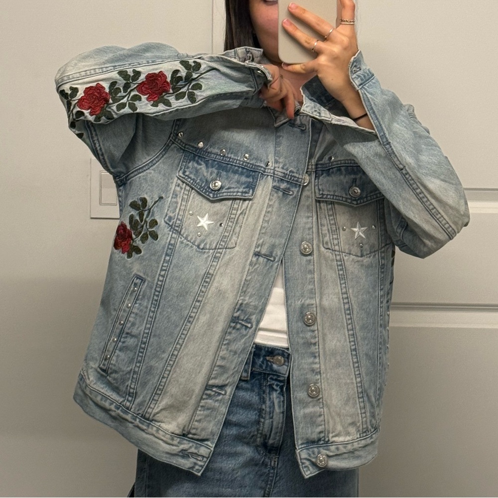 Blue denim Jean Pacsun jacket with rose and stars and silver studs handmade
